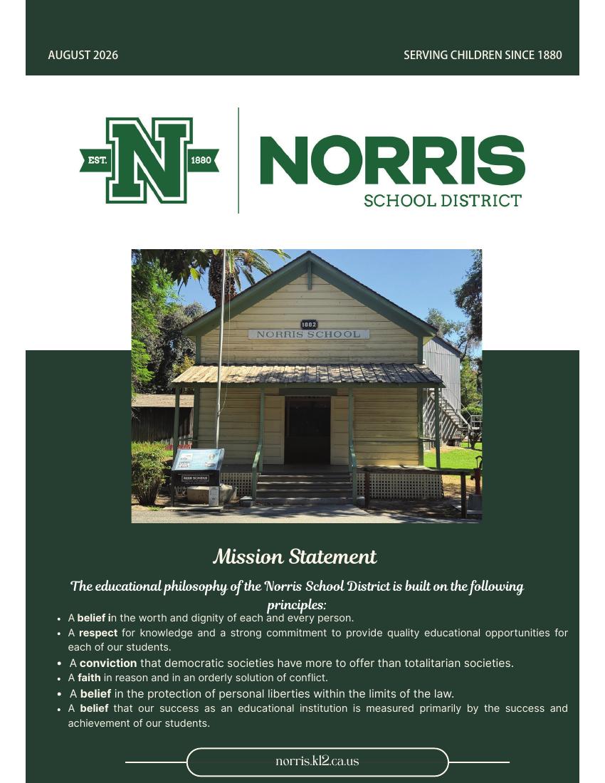 Cover of the August 2026 Norris School District newsletter, featuring the district logo, a photo of the historic 1882 Norris School building, and the district mission statement.
